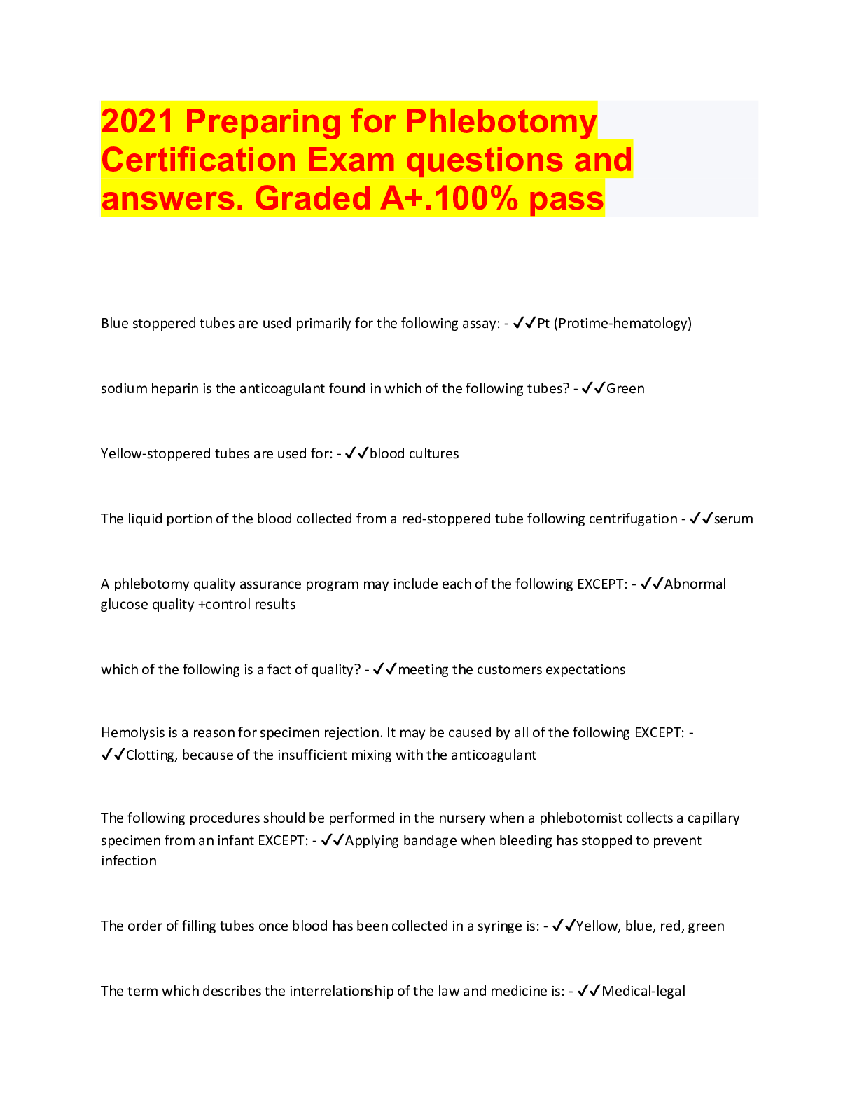 Preview image for 2021 Preparing for Phlebotomy Certification Exam questions and answers. Graded A+.100% pass
